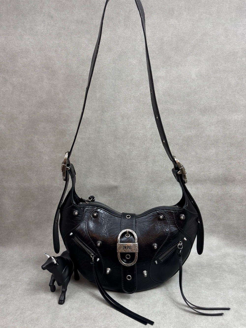 Black vegan Leather Shoulder Bag with Stud Detail